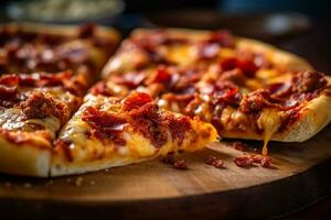 ai generado carne amantes Pizza con tocino y pepperoni en un de madera plato, macro Disparo foto