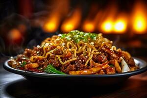 AI generated Irresistible Crispy Fried Noodles on a Plate, Macro Shot photo