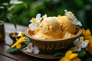 AI generated Mango ice cream in a bowl surrounded by tropical flowers and leaves, Mid-angle Shot photo