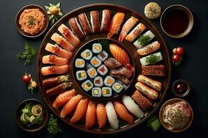 ai generado clasificado Sushi en un de madera plato, plano laico Disparo foto