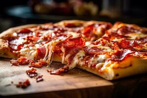 AI generated Meat Lovers Pizza with Bacon and Pepperoni on a Wooden Platter, Macro Shot photo