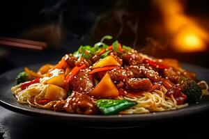 AI generated Stir-Fried Noodles with Colorful Vegetables on a Plate, Close-up Shot photo
