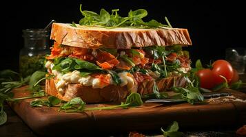 AI generated Classic triple-layered sandwich with white bread on the wooden cutting board, Overhead Shot photo