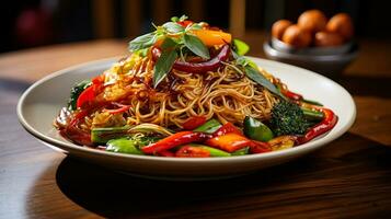 AI generated Stir-fried noodles with vegetables on rustic wooden table, Close-up Shot photo