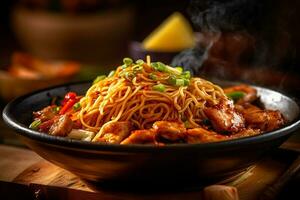 AI generated Crispy and Savory Fried Noodle Dish in a Bowl, Close-up Shot photo