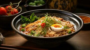 AI generated A bowl of noodles with an egg and vegetables on wooden table, Mid-angle Shot photo