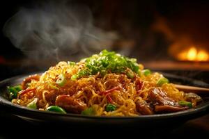 AI generated Irresistible Crispy Fried Noodles on a Plate, Macro Shot photo