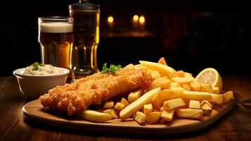 AI generated Classic British fish and chips on wooden cutting board with a side of dips, Mid-angle Shot photo