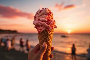 AI generated A hand holding a waffle cone filled with cherry ice cream against a vibrant sunset background, Candid shot photo