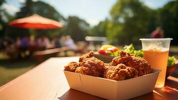 AI generated A bucket of fried chicken on a picnic table, Mid-angle Shot photo