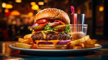 ai generado apilado Agua en la boca doble hamburguesa con queso en el lámina, de cerca Disparo foto