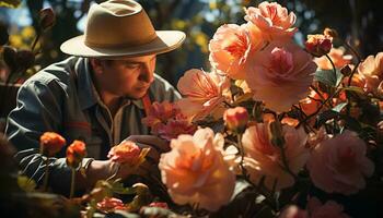 ai generado uno hombre sentado al aire libre, plantando flores, mirando alegre y relajado generado por ai foto