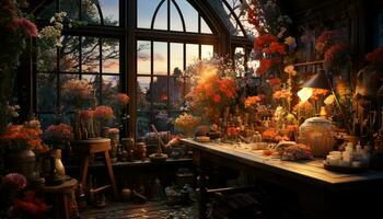 AI generated Indoor altar adorned with traditional flowers, candles, and decorations generated by AI photo