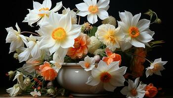 AI generated Fresh bouquet of multi colored flowers in a decorative vase generated by AI photo