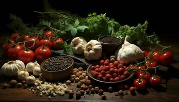 AI generated Freshness and spice in healthy eating garlic, tomato, vegetable generated by AI photo