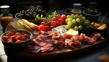 ai generado frescura y variedad en un rústico de madera picnic mesa generado por ai foto