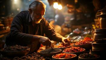 ai generado uno mayor hombre, adentro, preparando Fresco orgánico comida generado por ai foto