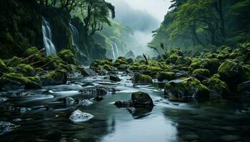 AI generated Majestic mountain reflects in tranquil flowing water, nature beauty generated by AI photo