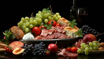 AI generated Freshness and variety on a wooden table grape, meat, fruit generated by AI photo