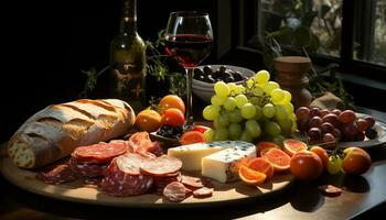 ai generado un gastrónomo comida pan, carne, vino, queso, y Fruta generado por ai foto