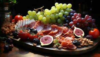 AI generated Freshness on a wooden table grape, meat, fruit, tomato, prosciutto generated by AI photo