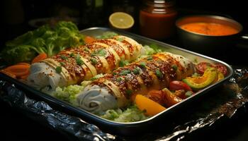AI generated Grilled meat and vegetable skewers, a healthy gourmet meal generated by AI photo