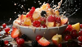 AI generated Fresh fruit dessert raspberry, strawberry, blueberry, and currant bowl generated by AI photo