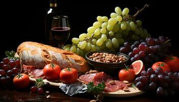 ai generado frescura en el mesa uva, tomate, carne, pan, vino generado por ai foto