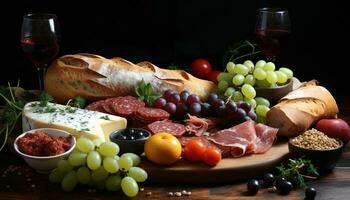 AI generated Gourmet meal wine, bread, meat, fruit, and cheese generated by AI photo