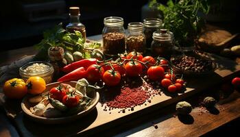 AI generated Fresh organic vegetables on wooden table, healthy eating in nature generated by AI photo