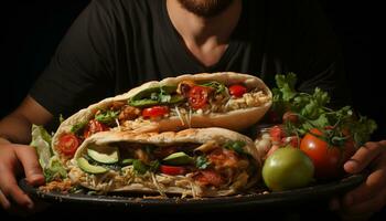 AI generated Grilled meat taco, fresh vegetable, homemade guacamole, black background generated by AI photo