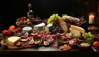 AI generated Rustic table, gourmet meal bread, cheese, meat, wine generated by AI photo