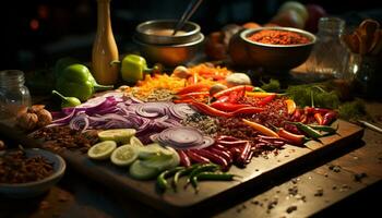 AI generated Fresh vegetable salad on wooden table with healthy ingredients generated by AI photo