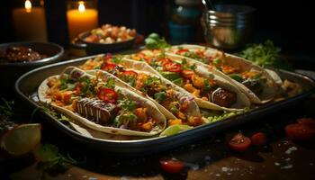 AI generated Grilled beef taco with fresh tomato and guacamole generated by AI photo