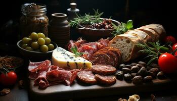 ai generado rústico plato de ahumado jamón, salami, y Fresco ciabatta generado por ai foto