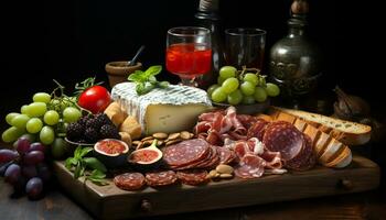 AI generated Rustic table, gourmet buffet, fresh wine, smoked meat variation generated by AI photo