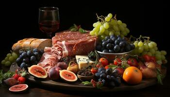 AI generated A gourmet meal fresh fruit, wine, prosciutto, and cheese generated by AI photo