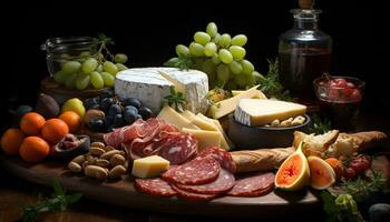 AI generated A rustic plate of gourmet delicacies cheese, meat, and bread generated by AI photo