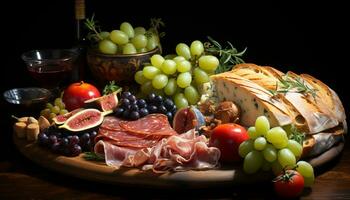 AI generated A gourmet meal prosciutto, cheese, bread, fruit, wine, freshness generated by AI photo