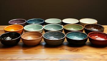 AI generated A colorful pottery bowl on a wooden table, close up generated by AI photo