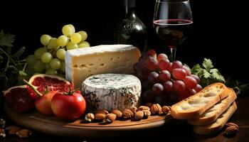 AI generated Gourmet meal wine, cheese, bread, fruit a delight generated by AI photo