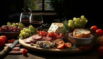 AI generated Freshness on a rustic table grape, tomato, meat, bread, wood generated by AI photo