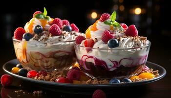 AI generated Homemade dessert yogurt parfait with fresh berries and chocolate generated by AI photo