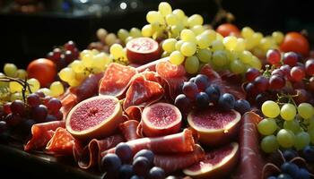 AI generated Fresh, juicy fruit collection grape, melon, grapefruit, tomato, fig generated by AI photo