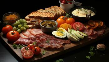 AI generated Freshness on wood table gourmet meal, prosciutto, pork slice generated by AI photo