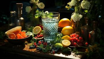 ai generado Fresco limonada en un de madera mesa, un refrescante verano bebida generado por ai foto