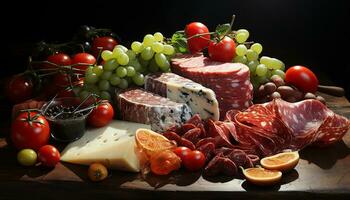 AI generated Freshness and variety on a wooden table tomato, grape, meat generated by AI photo
