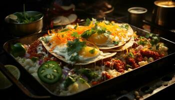 ai generado A la parrilla carne taco con guacamole, tomate, y Fresco vegetales generado por ai foto