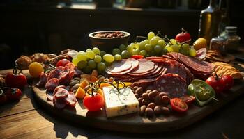 ai generado un rústico plato de ahumado jamón, salami, y Fresco un pan generado por ai foto