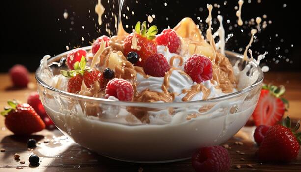 ai generado Fresco Fruta parfait con yogur, Granola, y bayas en madera generado por ai foto